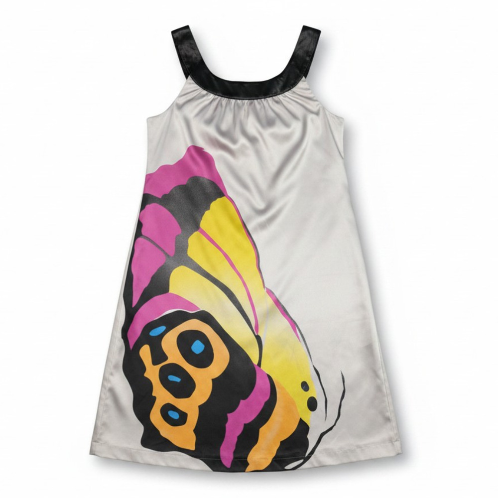BYSI Satin Shift Dress Women's 8/10 Butterfly Print Sleeveless Tie Back Colorblo